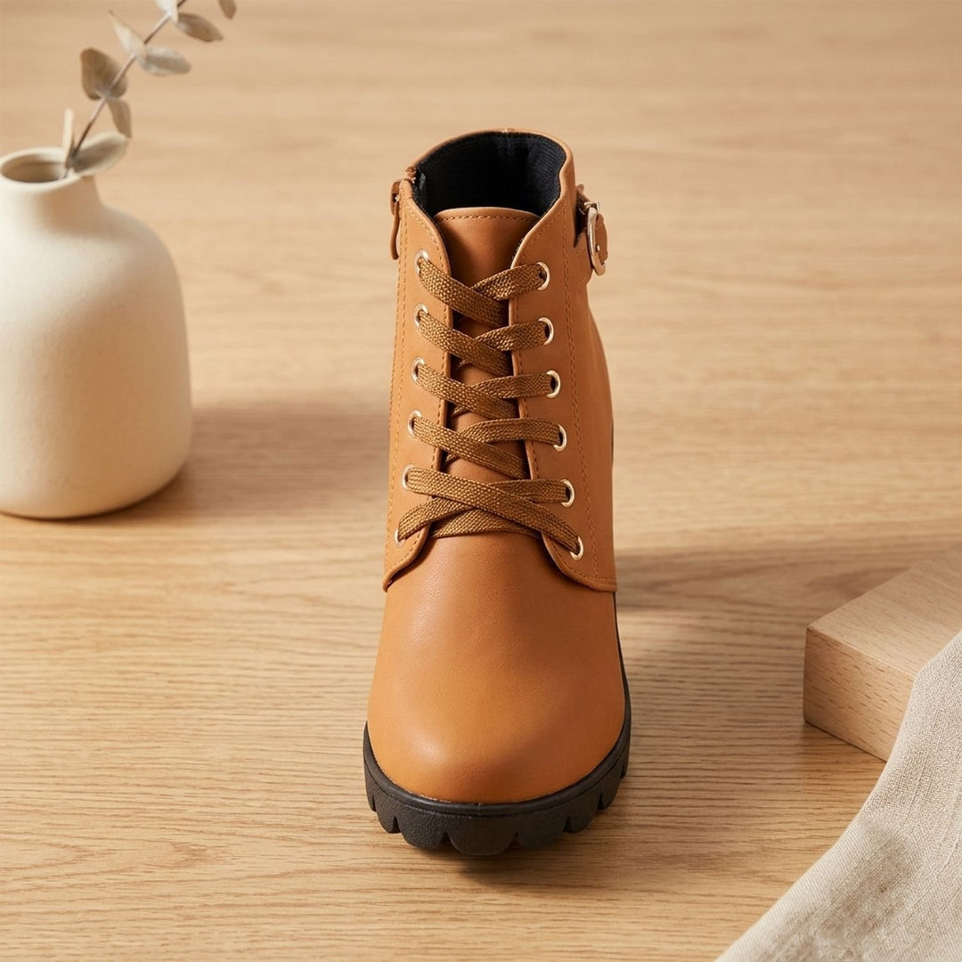 Damen Schnür-Stiefeletten mit Blockabsatz Metallschnalle Kunstleder - Khaki