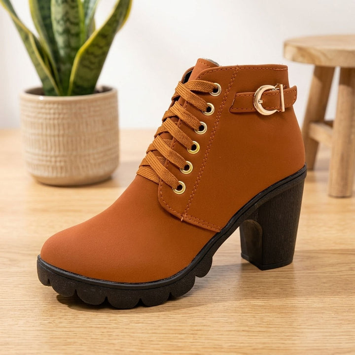 Damen Schnür-Stiefeletten mit Blockabsatz Metallschnalle Kunstleder - Braun