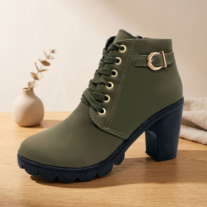 Damen Schnür-Stiefeletten mit Blockabsatz Metallschnalle Kunstleder - Armeegrün