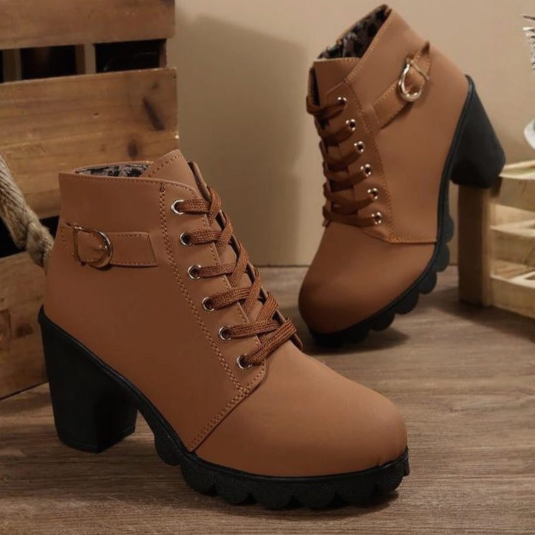 Damen Schnür-Stiefeletten mit Blockabsatz und Profilsohle - Braun
