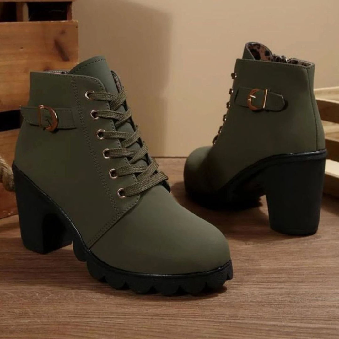 Damen Schnür-Stiefeletten mit Blockabsatz und Profilsohle - Armeegrün