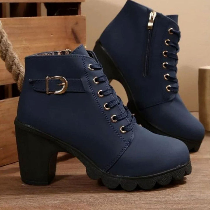Damen Schnür-Stiefeletten mit Blockabsatz und Profilsohle - Blau