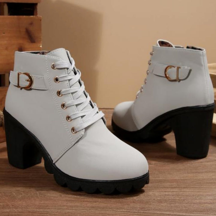 Damen Schnür-Stiefeletten mit Blockabsatz und Profilsohle - Weiß