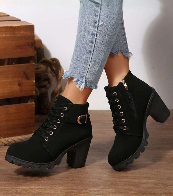 Damen Schnür-Stiefeletten mit Blockabsatz und Schnalle