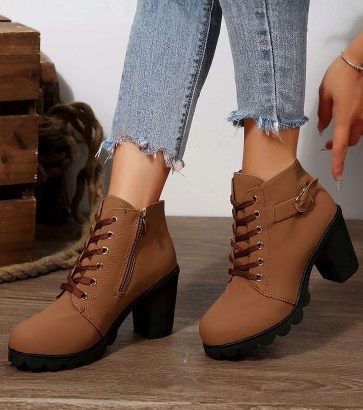 Damen Schnür-Stiefeletten mit Blockabsatz und Schnalle - Braun