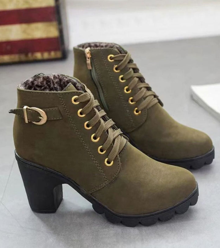 Damen Schnür-Stiefeletten mit Blockabsatz und Schnalle - Armeegrün