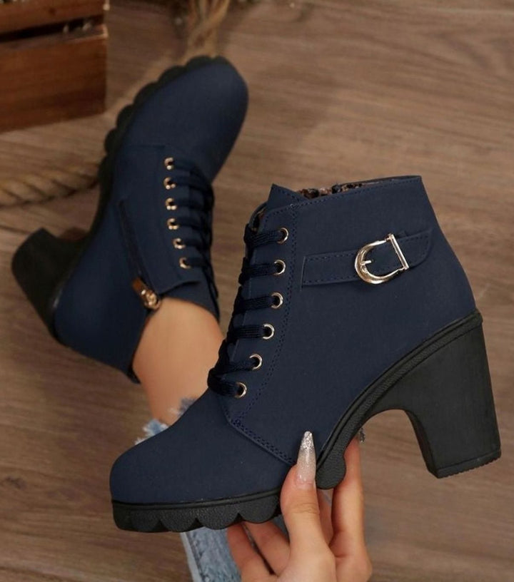 Damen Schnür-Stiefeletten mit Blockabsatz und Schnalle - Blau