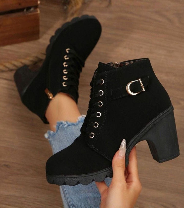 Damen Schnür-Stiefeletten mit Blockabsatz und Schnalle - Schwarz