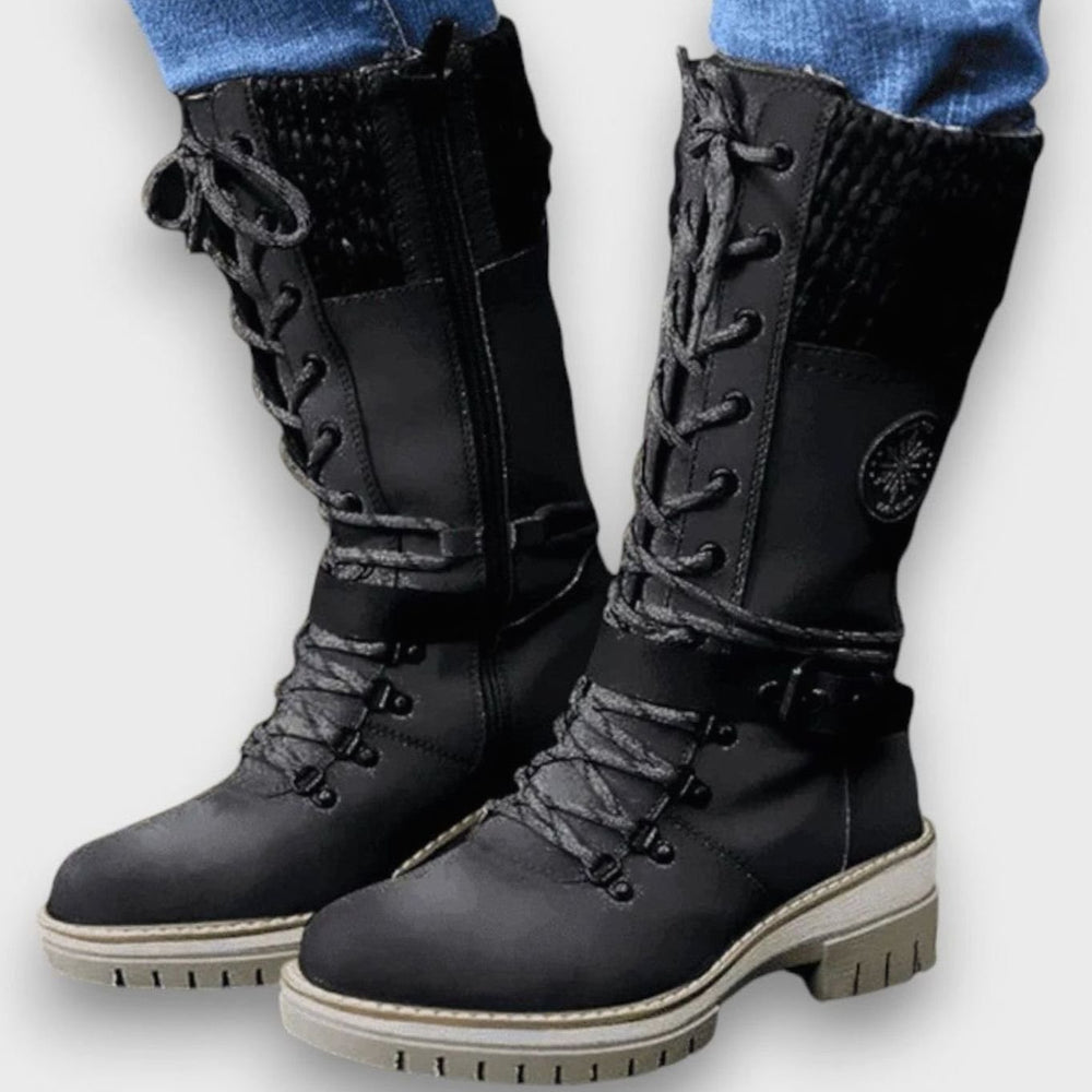 Damen Schnür-Winterstiefel mit Strickschaft und Blockabsatz - Schwarz