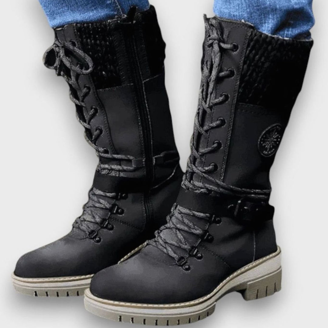 Damen Schnür-Winterstiefel mit Strickschaft und Blockabsatz - Schwarz