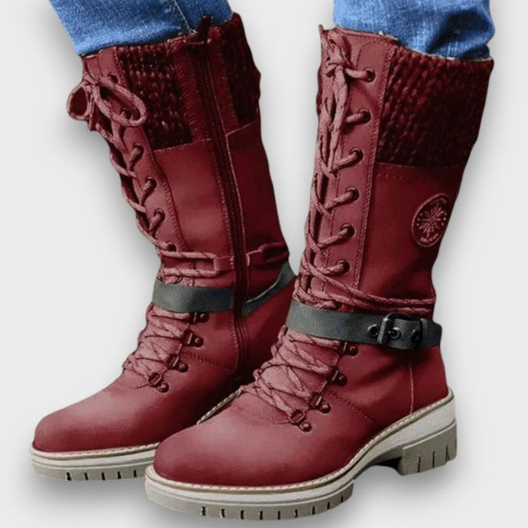 Damen Schnür-Winterstiefel mit Strickschaft und Blockabsatz - Rot