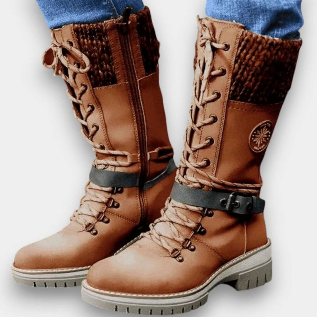 Damen Schnür-Winterstiefel mit Strickschaft und Blockabsatz - Braun