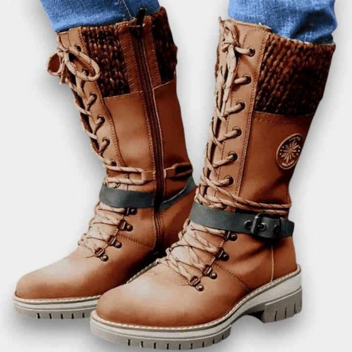 Damen Schnür-Winterstiefel mit Strickschaft und Blockabsatz - Braun