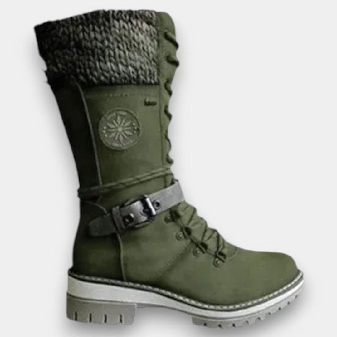 Damen Schnür-Winterstiefel mit Strickschaft und Blockabsatz - Grün