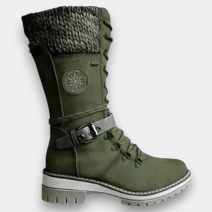 Damen Schnür-Winterstiefel mit Strickschaft und Blockabsatz - Grün