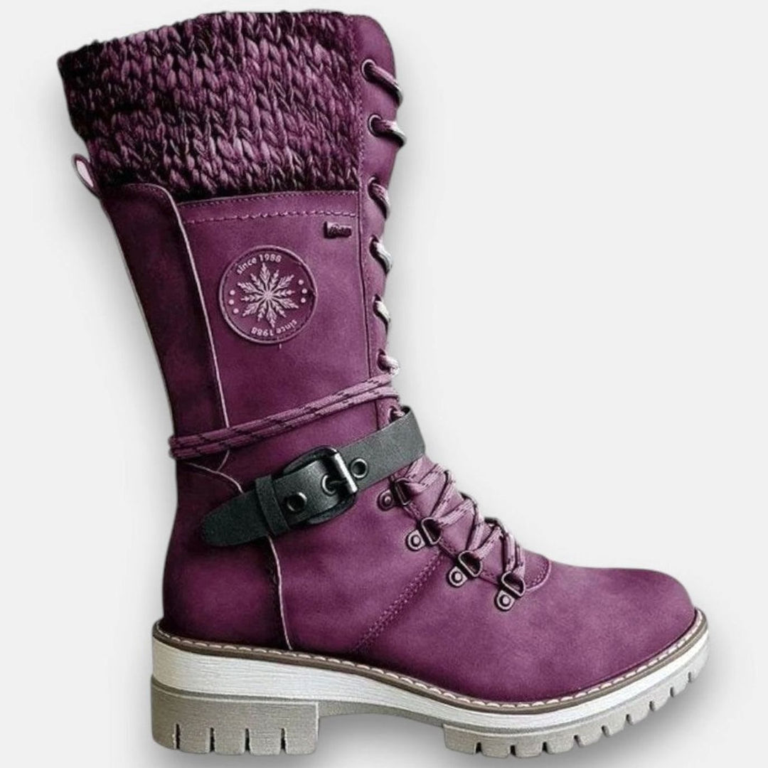 Damen Schnür-Winterstiefel mit Strickschaft und Blockabsatz - Violett