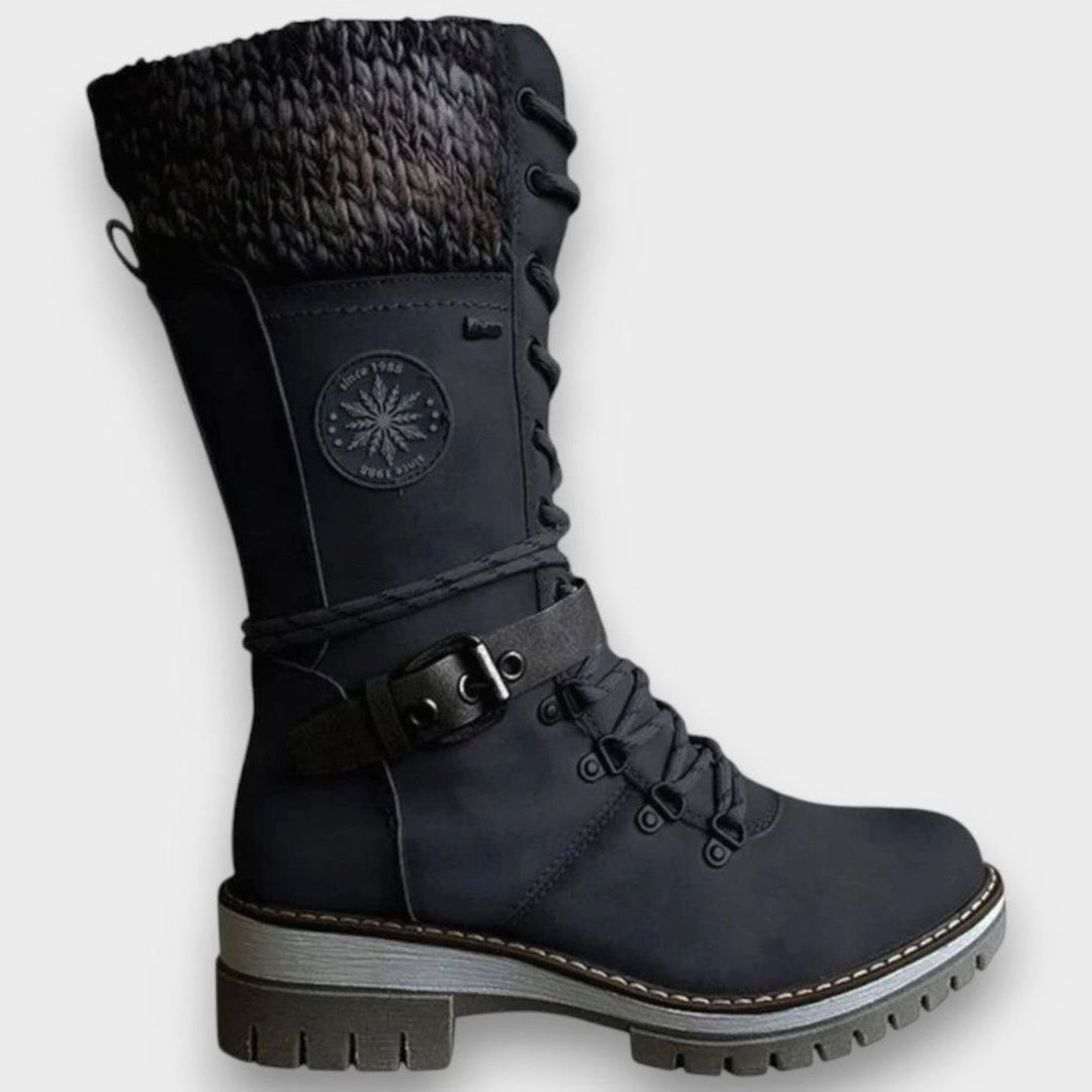 Damen Schnür-Winterstiefel mit Strickschaft und Blockabsatz