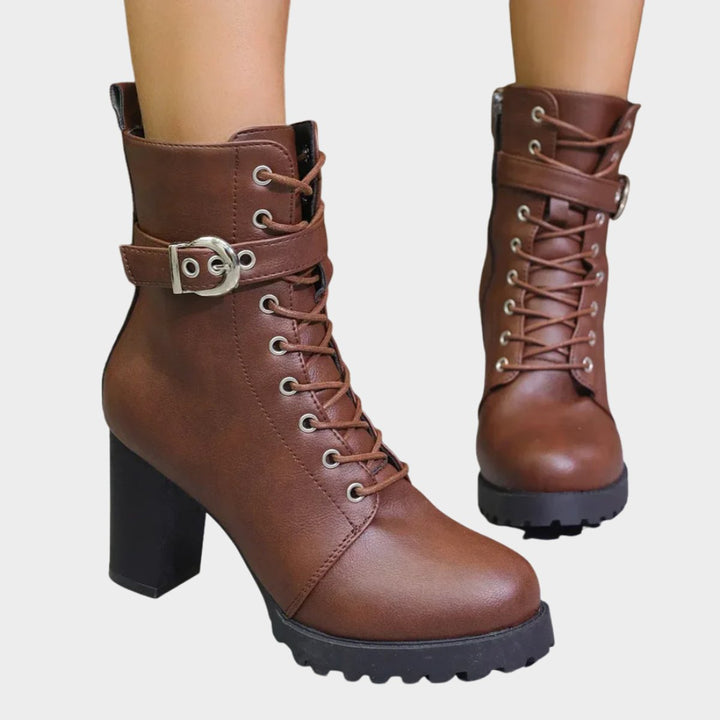 Damen Schnürer-Ankle-Boots mit Blockabsatz und Schnalle - Braun