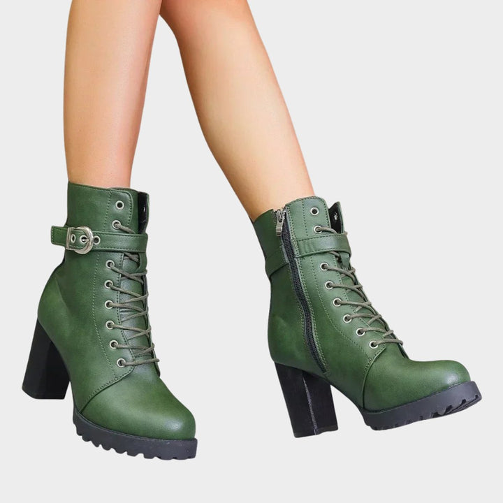 Damen Schnürer-Ankle-Boots mit Blockabsatz und Schnalle