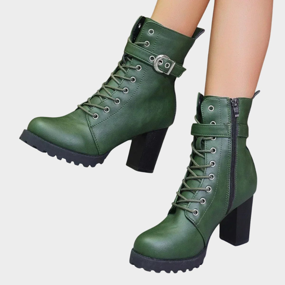 Damen Schnürer-Ankle-Boots mit Blockabsatz und Schnalle - Grün