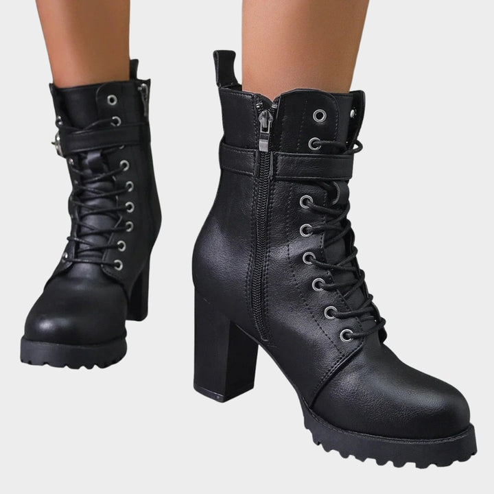 Damen Schnürer-Ankle-Boots mit Blockabsatz und Schnalle - Schwarz