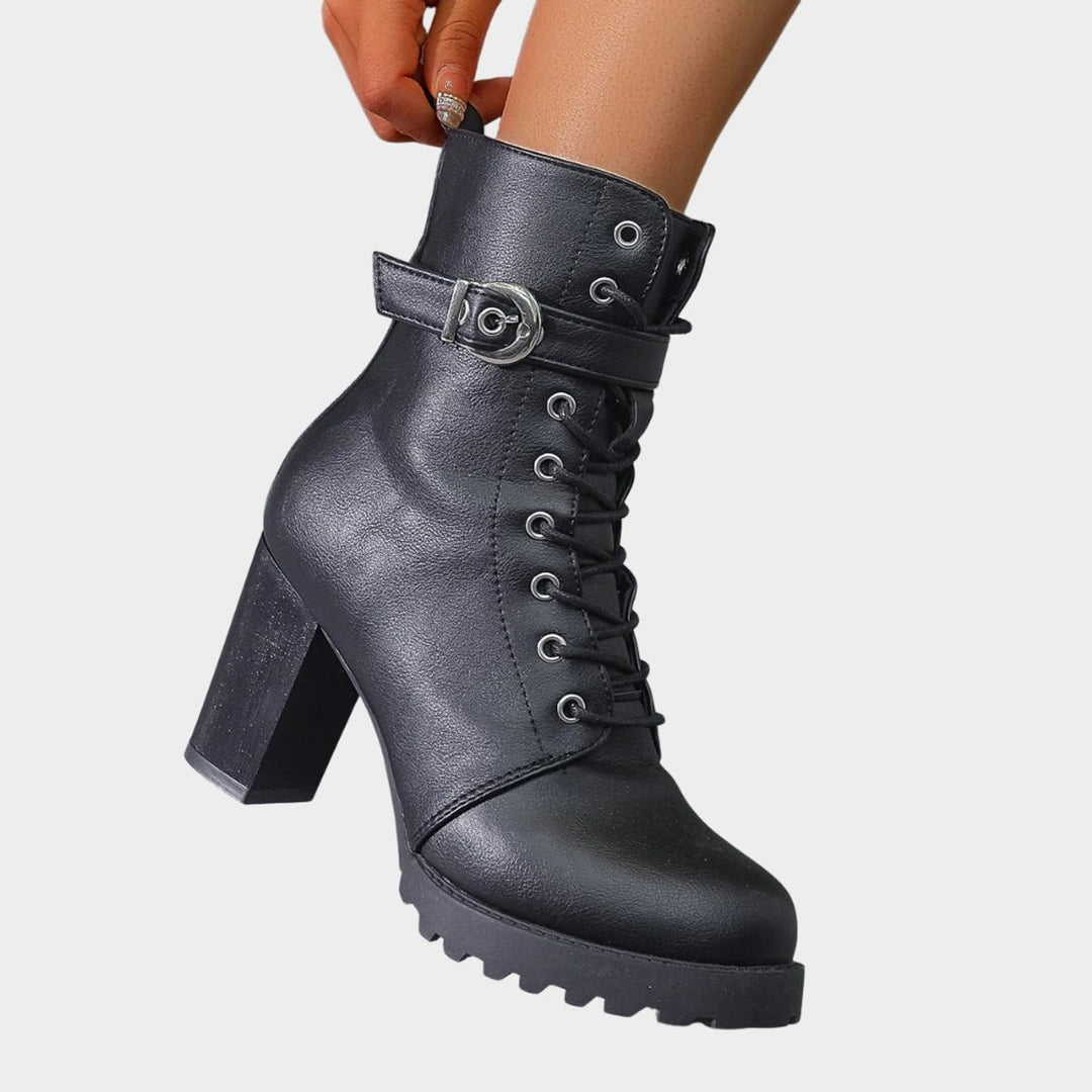 Damen Schnürer-Ankle-Boots mit Blockabsatz und Schnalle