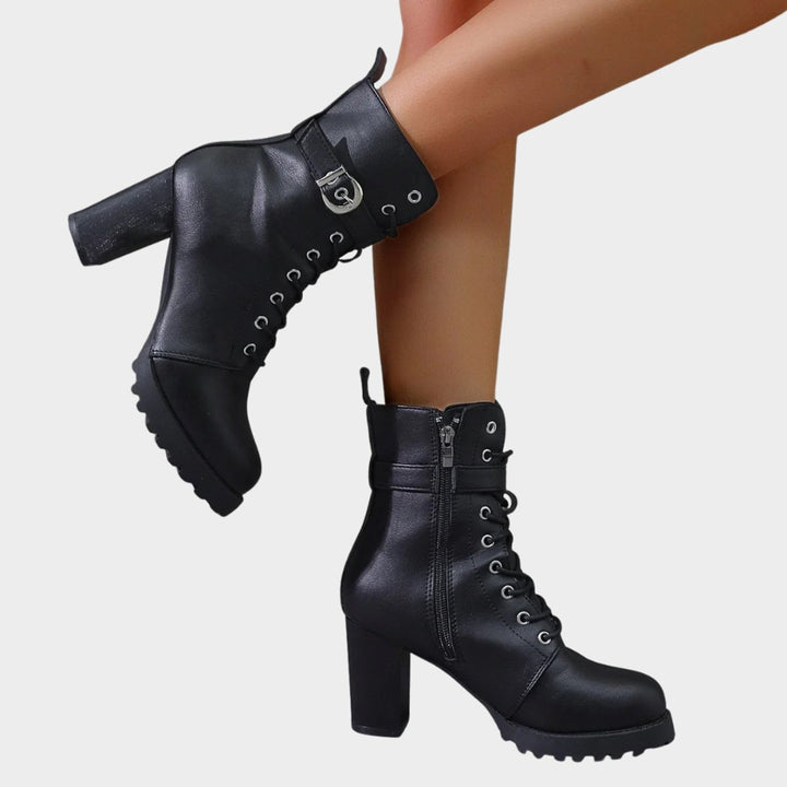 Damen Schnürer-Ankle-Boots mit Blockabsatz und Schnalle