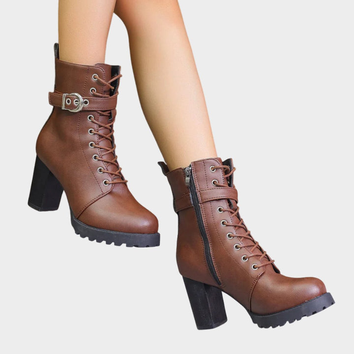 Damen Schnürer-Ankle-Boots mit Blockabsatz und Schnalle