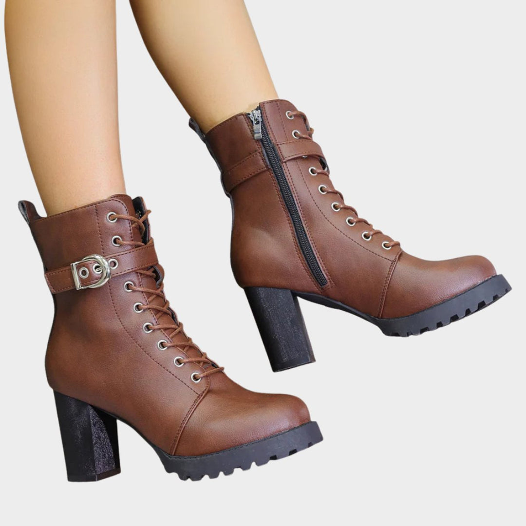 Damen Schnürer-Ankle-Boots mit Blockabsatz und Schnalle