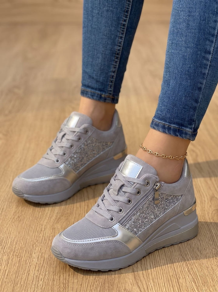 Damen Schnürsneaker mit Reißverschluss und Keilsohle - Grau