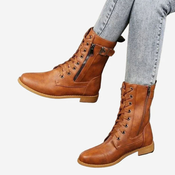 Damen Schnürstiefel mit Reißverschluss Runder Zehe Kunstleder - Braun