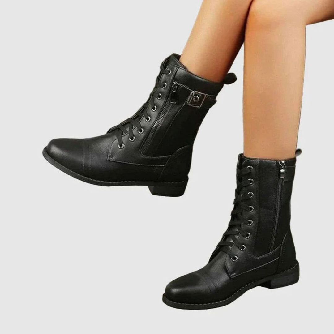 Damen Schnürstiefel mit Reißverschluss Runder Zehe Kunstleder - Schwarz