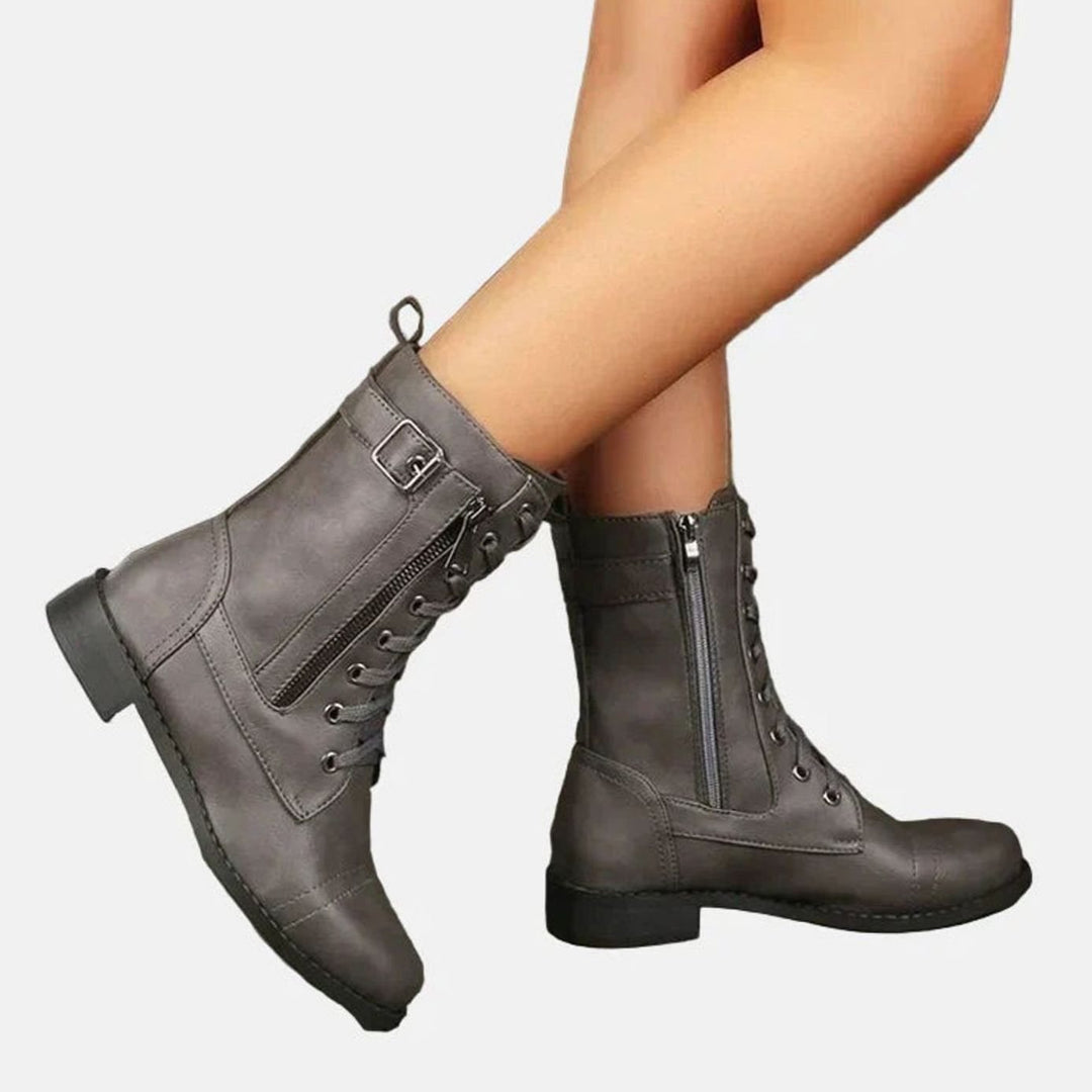 Damen Schnürstiefel mit Reißverschluss Runder Zehe Kunstleder - Grau