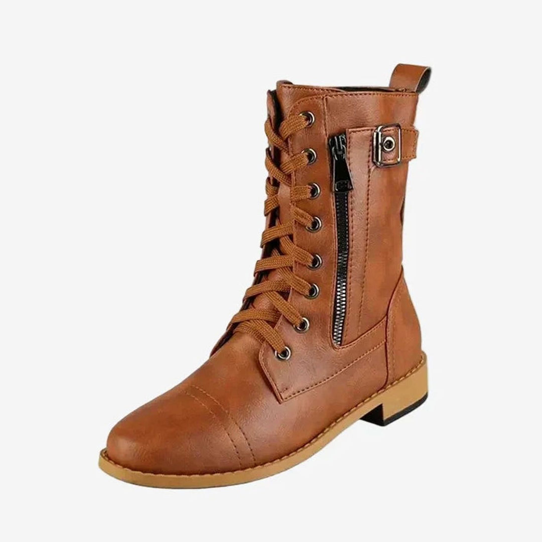 Damen Schnürstiefel mit Reißverschluss Runder Zehe Kunstleder