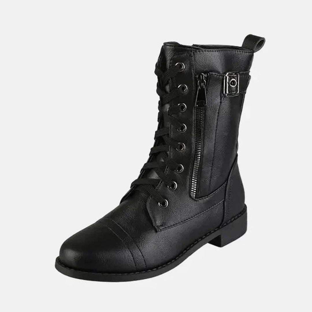 Damen Schnürstiefel mit Reißverschluss Runder Zehe Kunstleder