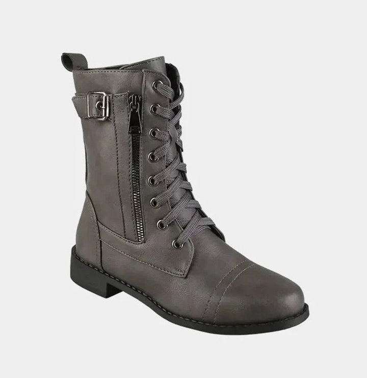 Damen Schnürstiefel mit Reißverschluss Runder Zehe Kunstleder