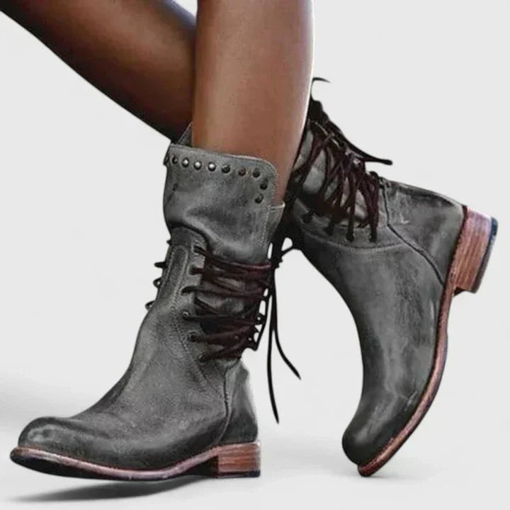 Damen Schnürstiefel Vintage Leder-Optik Ankle Boots Nietendetail - Grau