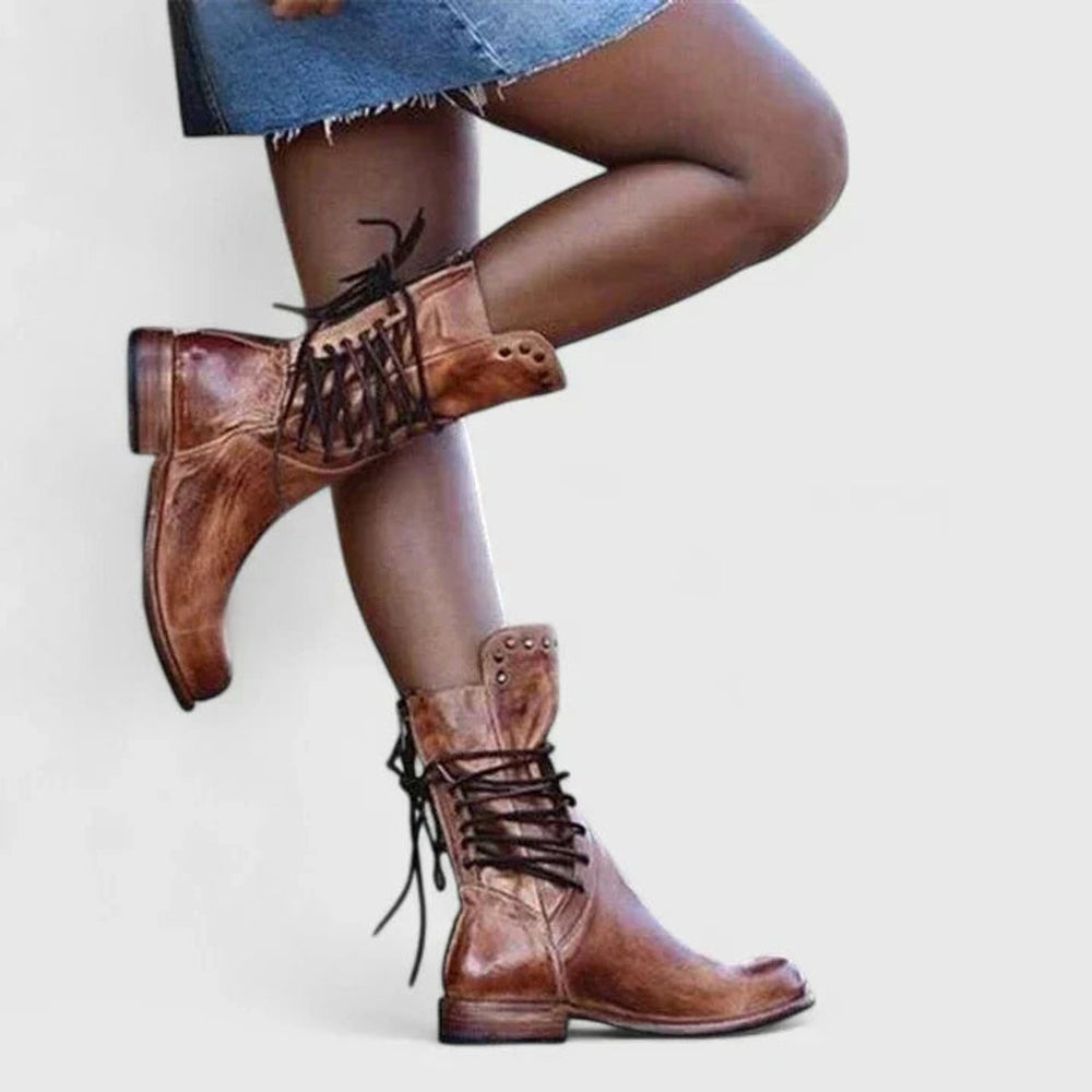 Damen Schnürstiefel Vintage Leder-Optik Ankle Boots Nietendetail