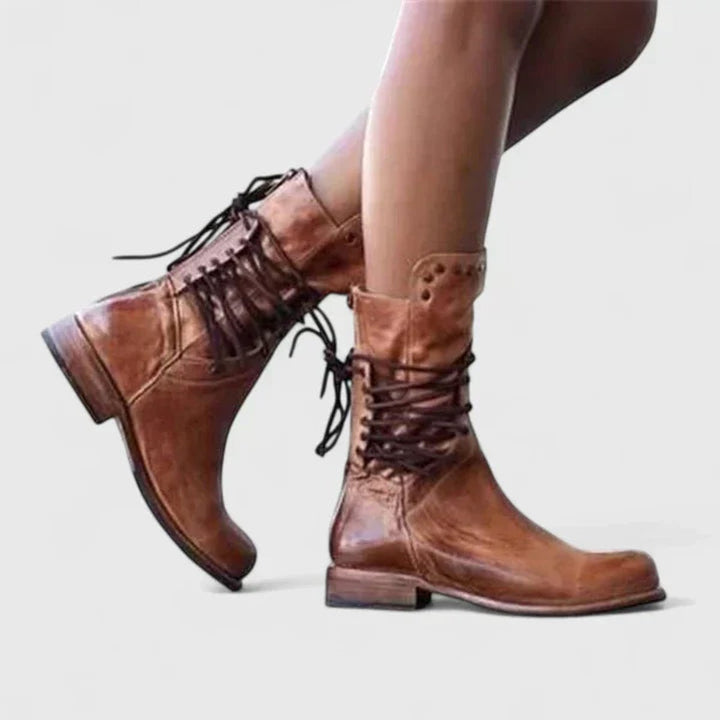 Damen Schnürstiefel Vintage Leder-Optik Ankle Boots Nietendetail - Braun
