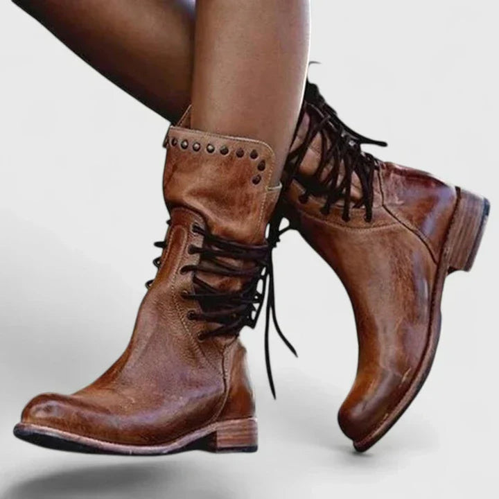 Damen Schnürstiefel Vintage Leder-Optik Ankle Boots Nietendetail