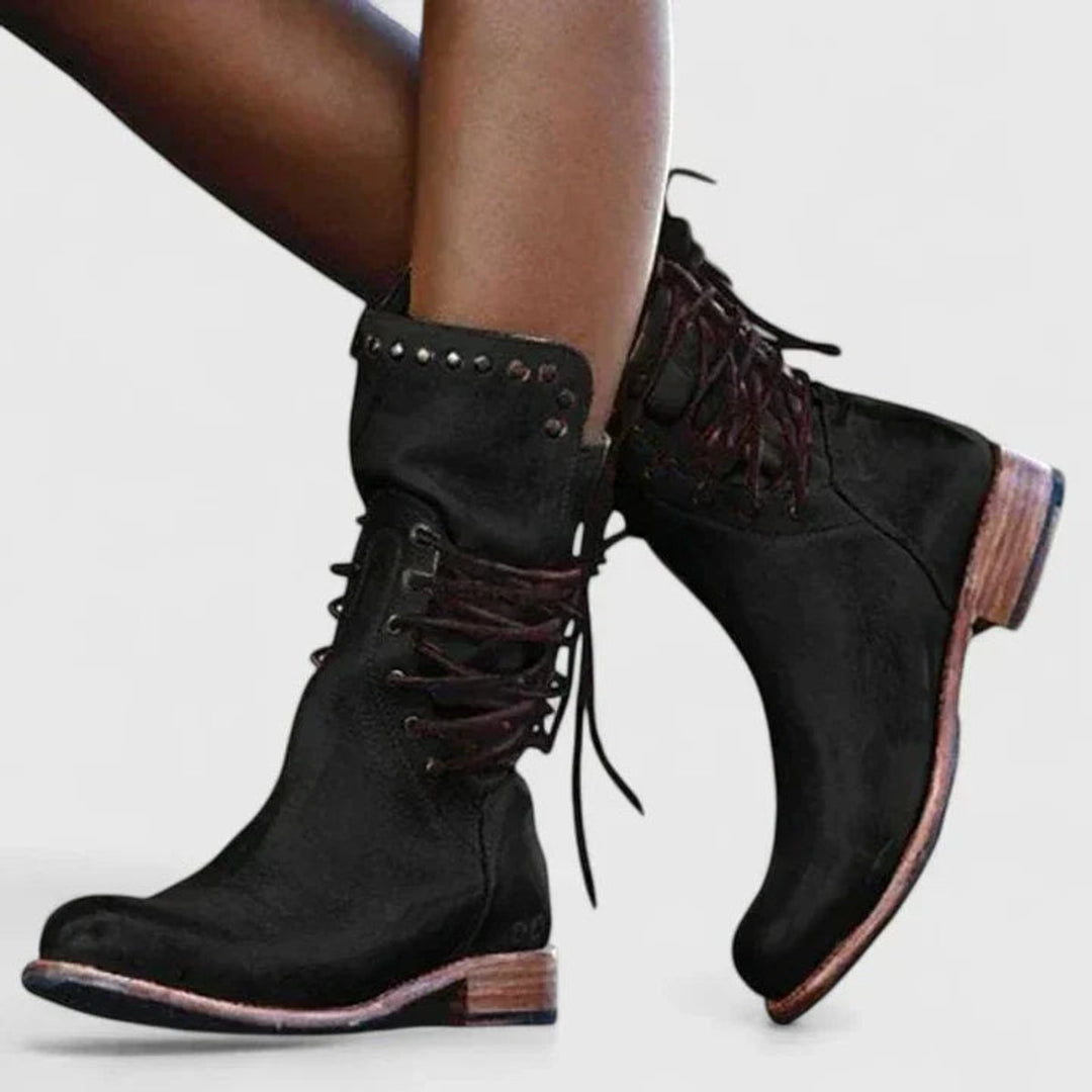 Damen Schnürstiefel Vintage Leder-Optik Ankle Boots Nietendetail - Schwarz