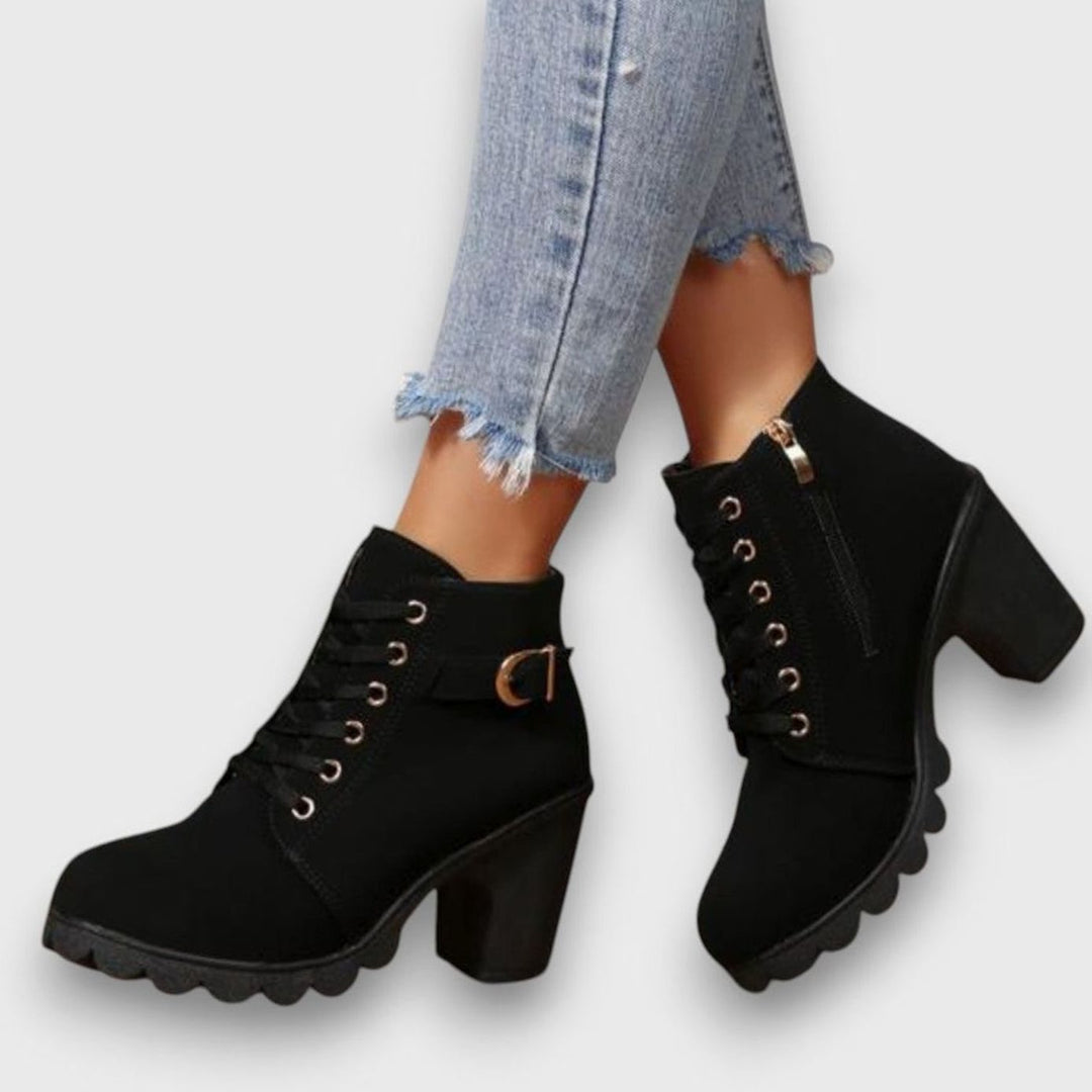 Damen Schnürstiefeletten mit Blockabsatz Schnalle Reißverschluss - Schwarz