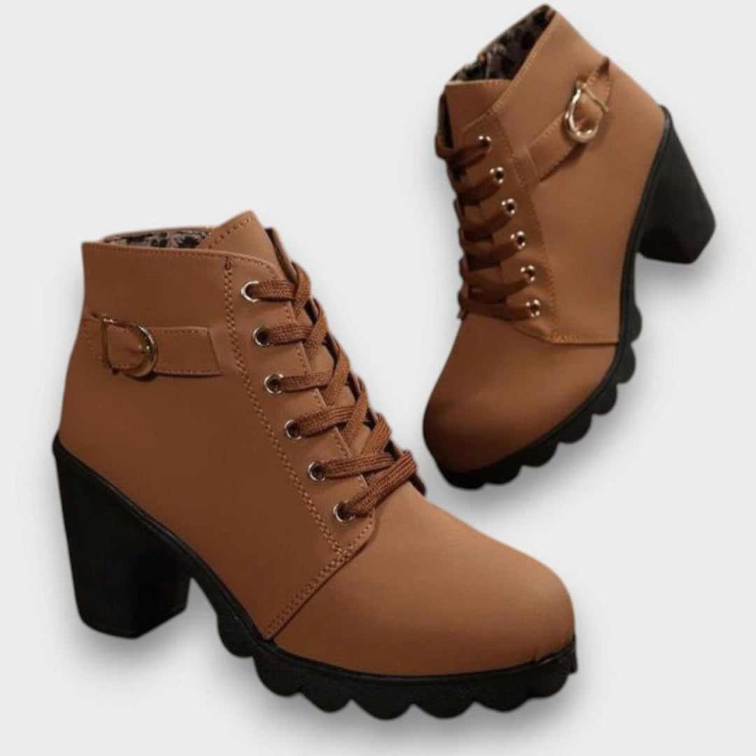 Damen Schnürstiefeletten mit Blockabsatz Schnalle Reißverschluss - Braun