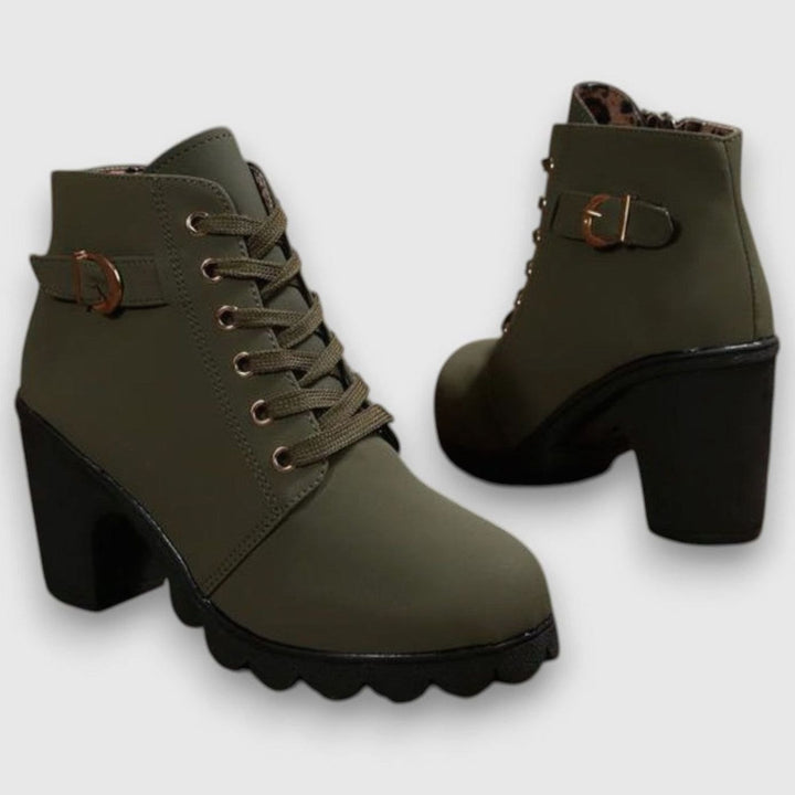 Damen Schnürstiefeletten mit Blockabsatz Schnalle Reißverschluss - Armeegrün