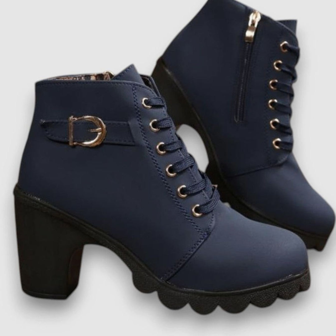 Damen Schnürstiefeletten mit Blockabsatz Schnalle Reißverschluss - Blau