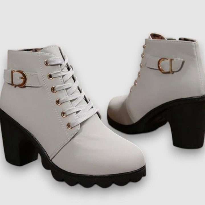 Damen Schnürstiefeletten mit Blockabsatz Schnalle Reißverschluss - Grau