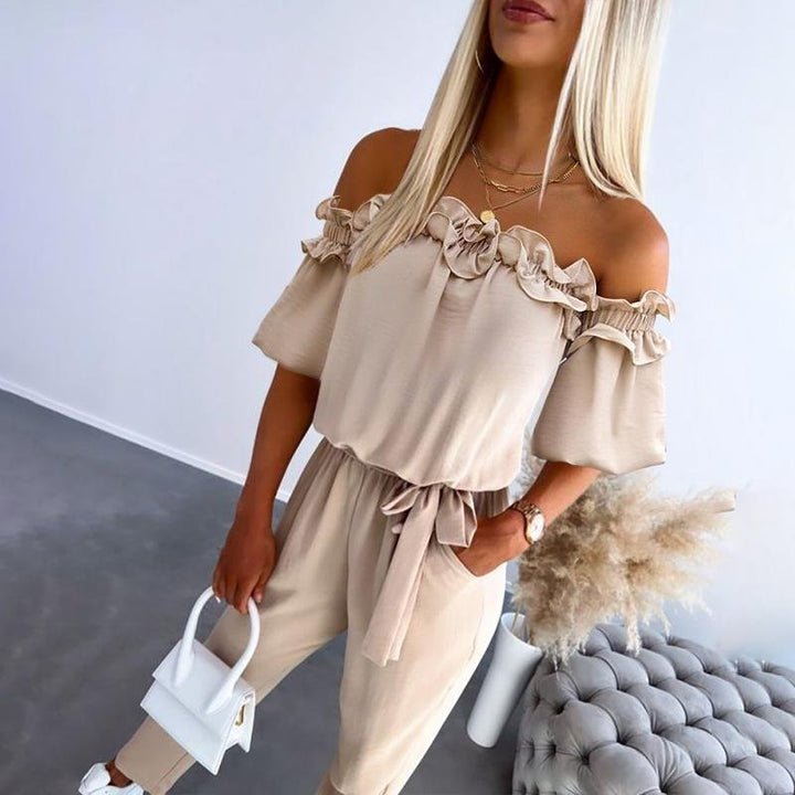 Damen Schulterfreier Rüschen-Jumpsuit Bindeband Taille - Apricot