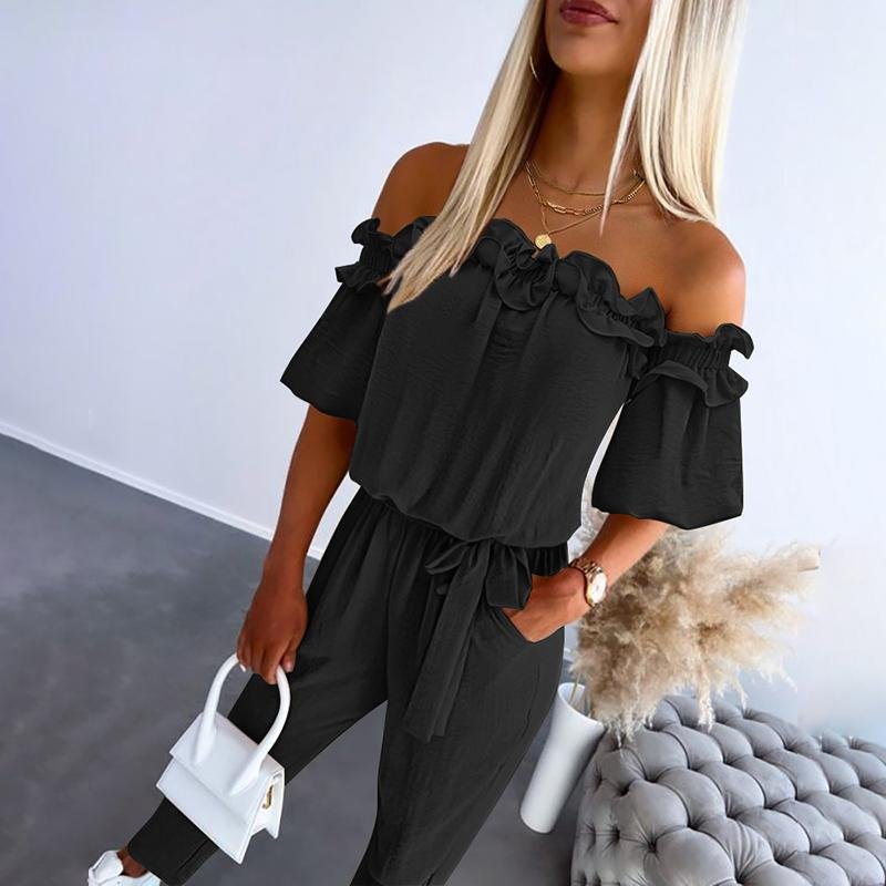 Damen Schulterfreier Rüschen-Jumpsuit Bindeband Taille - Black