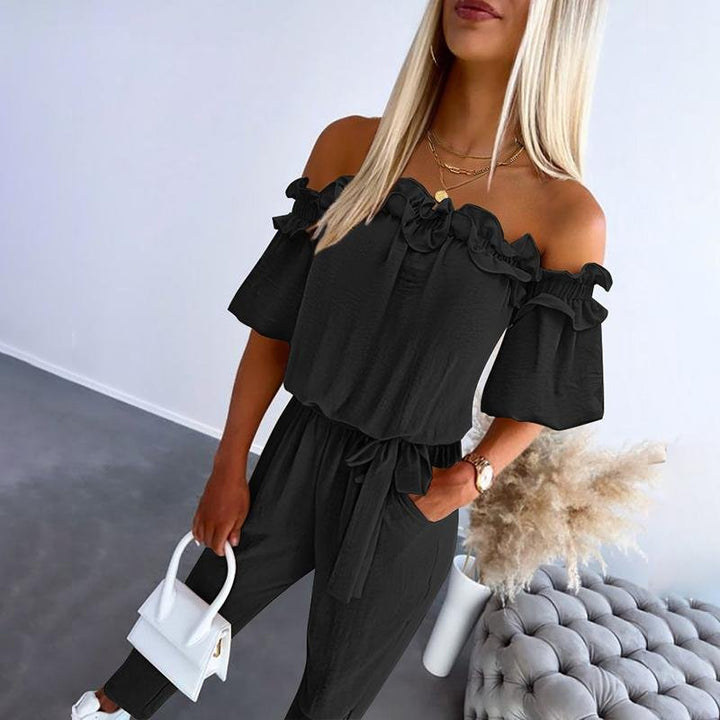 Damen Schulterfreier Rüschen-Jumpsuit Bindeband Taille - Black
