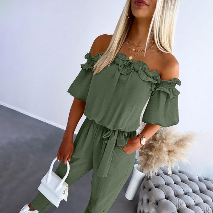 Damen Schulterfreier Rüschen-Jumpsuit Bindeband Taille - Army Green